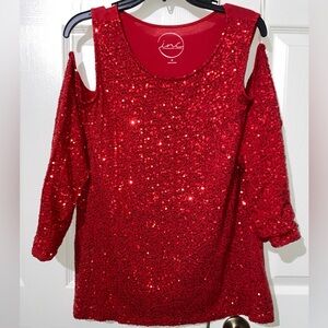 Red Sparkly Sequin off the Shoulder Shirt